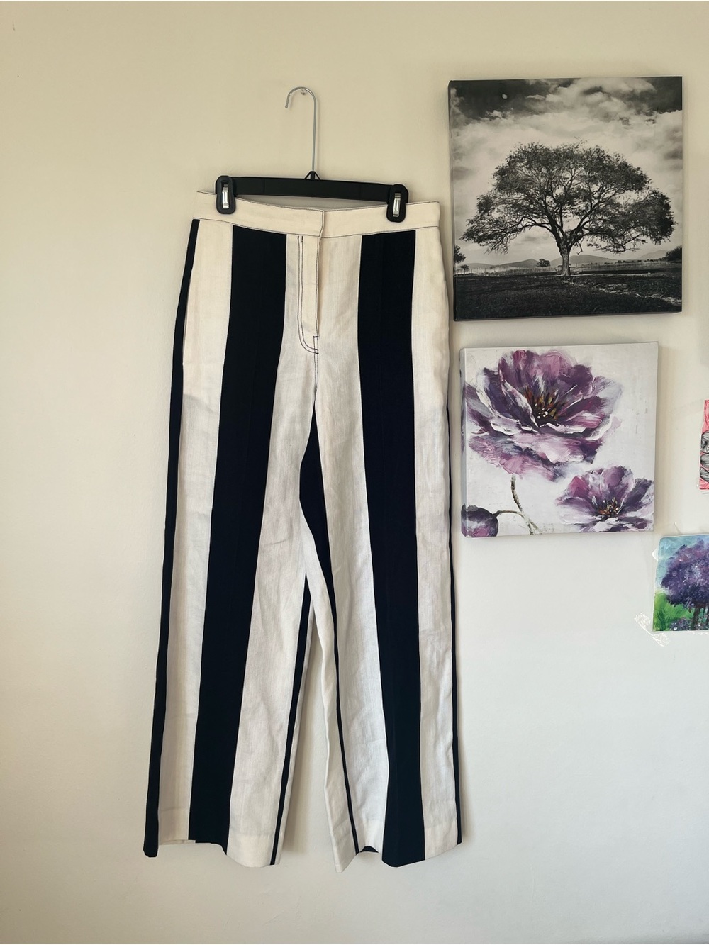 Derek Lam Black & Cream Vertical-Stripe Wide-Leg Trousers- Size 6 waist 30 inch